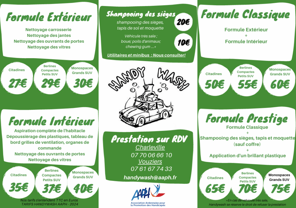 Flyer avec toutes les prestations proposées par Handywash pour la lavage auto avec les numéros des différents lieux possibles pour une prise de contact